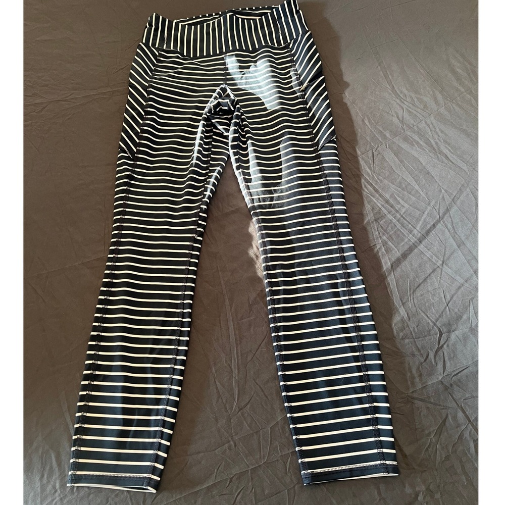 Athleta Black‎ White Striped High Rise Athletic Leggings Zipper Pocket Size XS